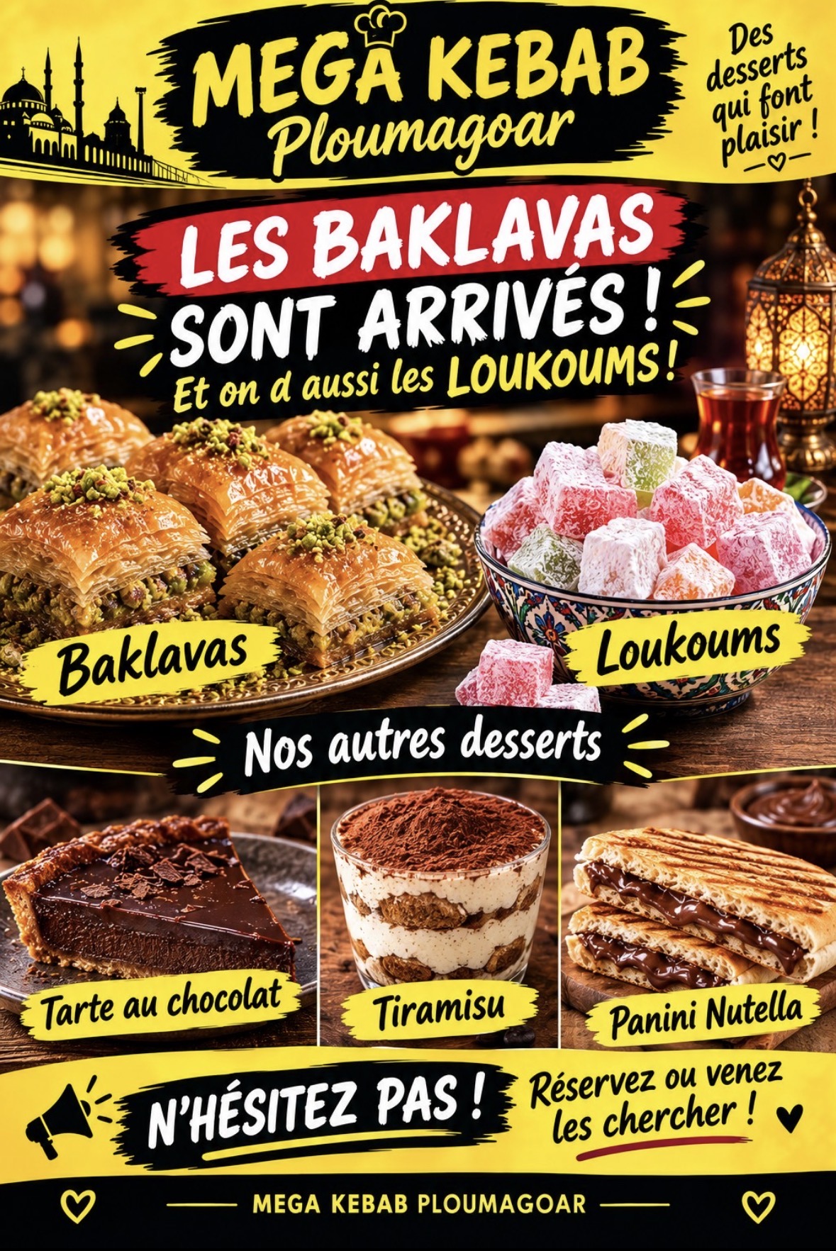 Affiche des baklavas, loukoums et autres desserts de Mega Kebab Ploumagoar