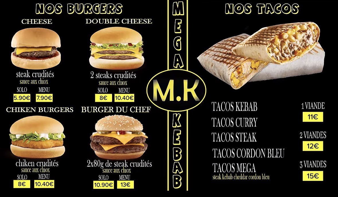 Carte photographiée des burgers et tacos avec prix