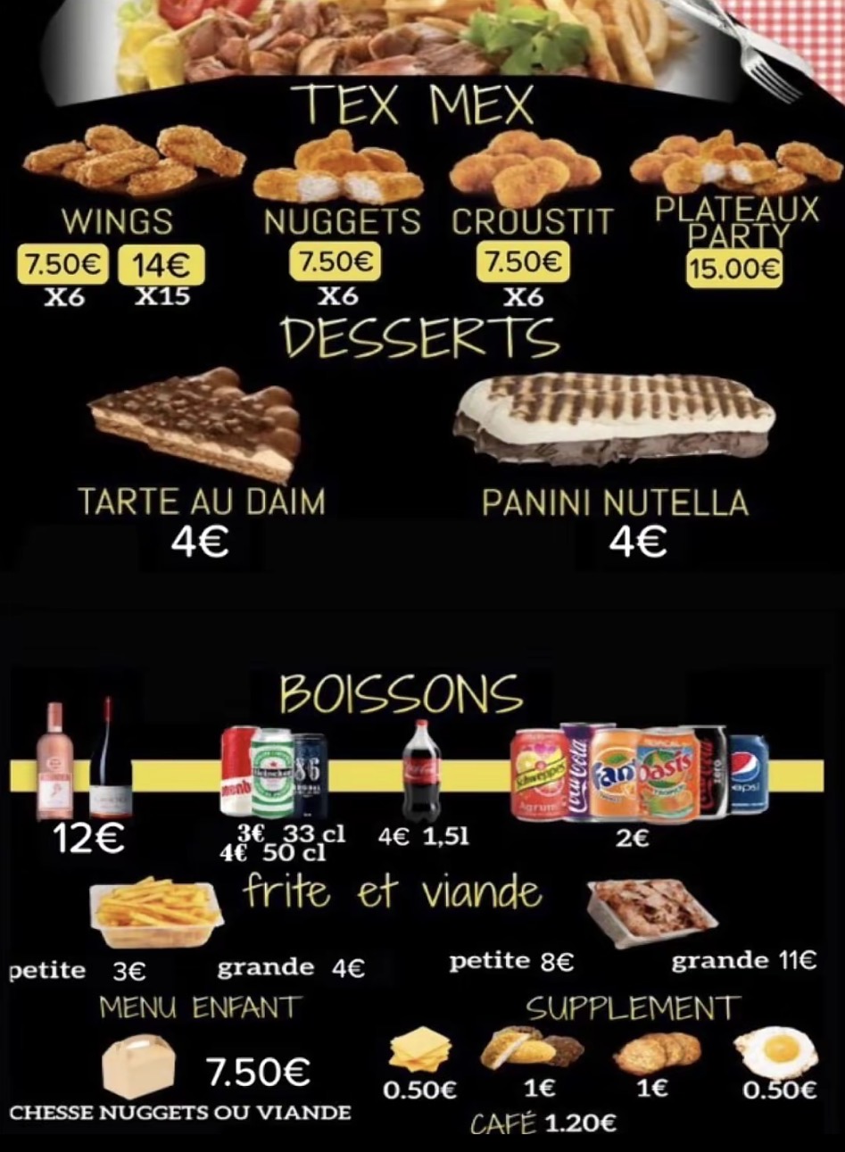 Carte photographiée des wings, nuggets, accompagnements et desserts