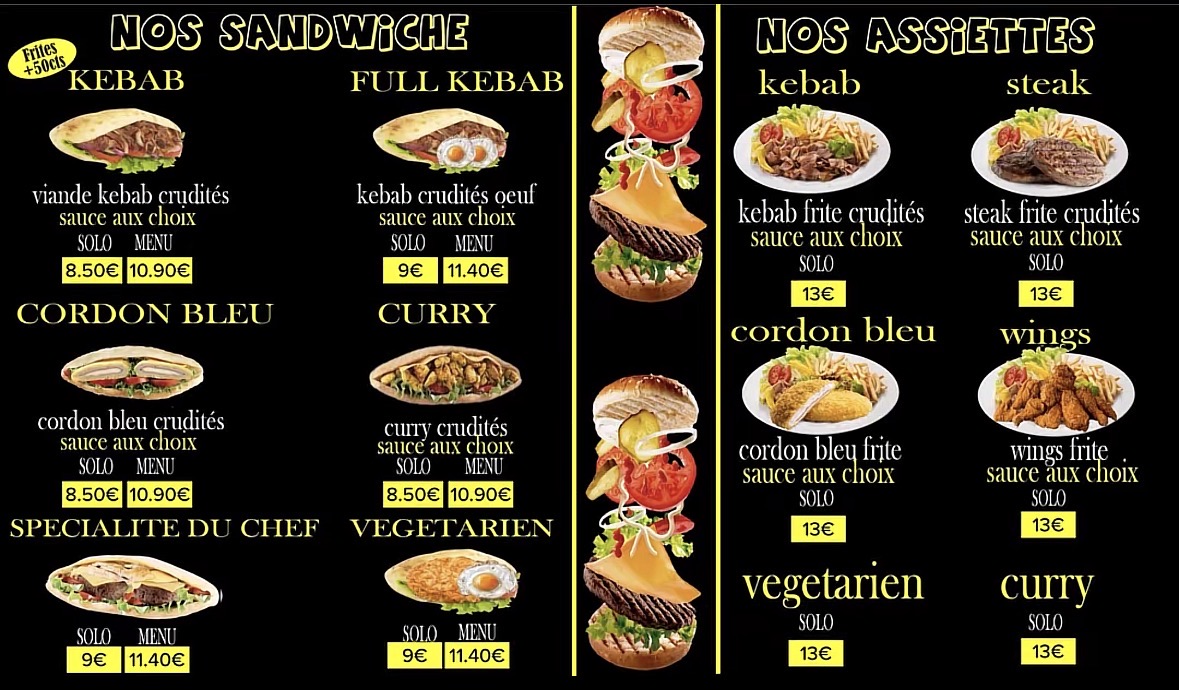 Carte photographiée des sandwichs et assiettes avec ingrédients et prix