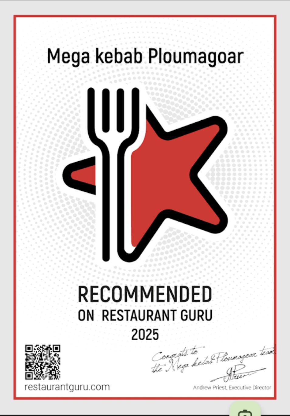 Certificat Restaurant Guru Recommended 2025 pour Mega Kebab Ploumagoar